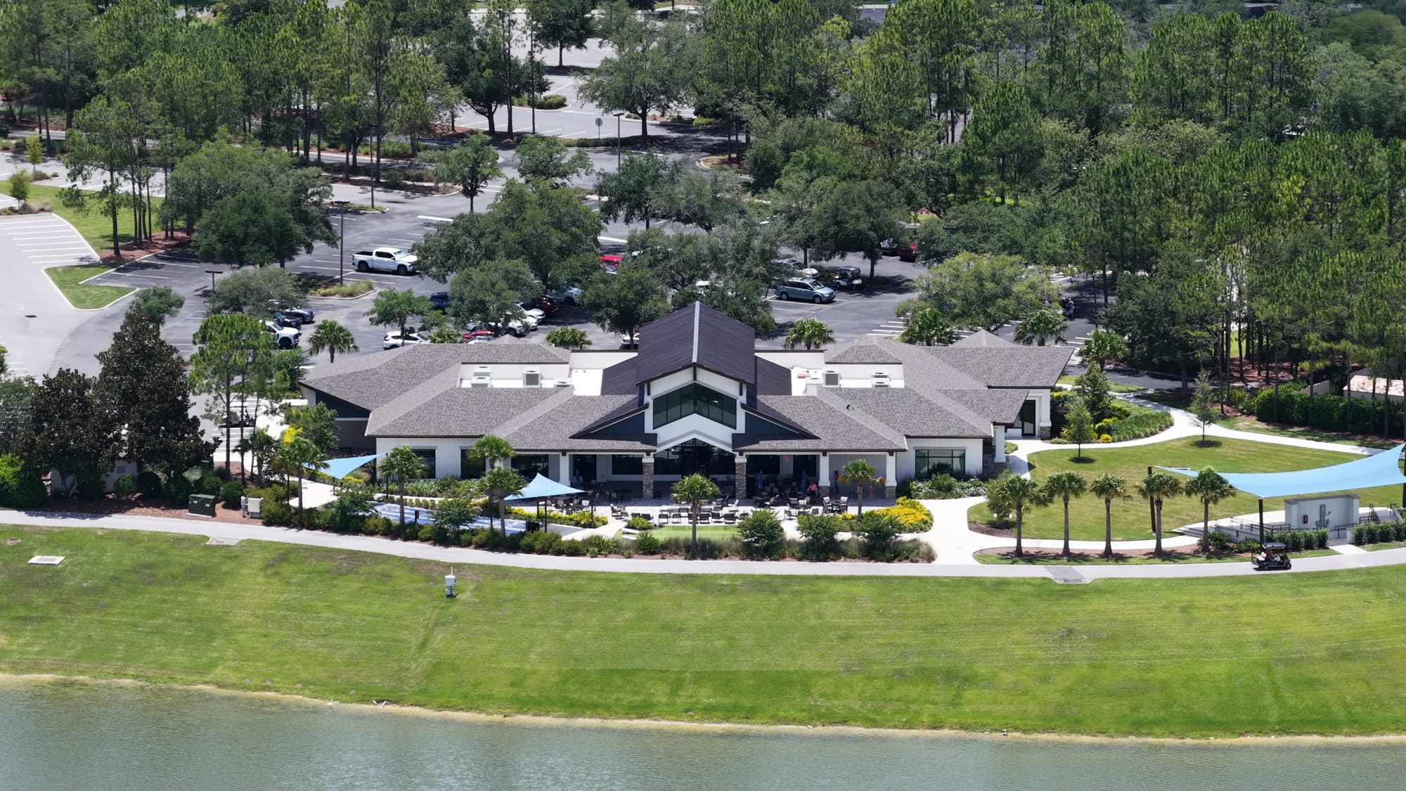Del Webb Stone Creek clubhouse - Aerial drone shot of the clubhouse building situat