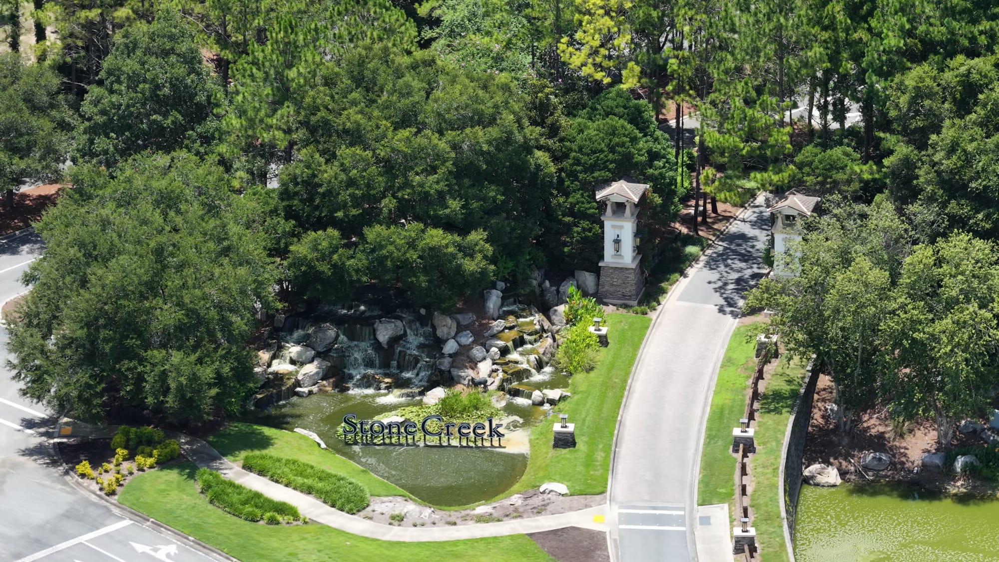 Del Webb Stone Creek entrance - Aerial drone shot looking down at the Stone Creek 