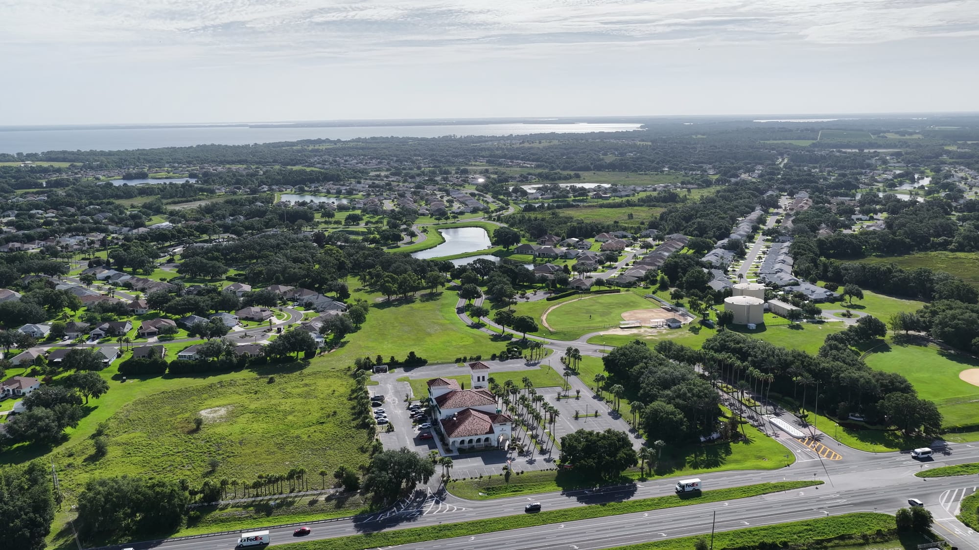 Legacy at Leesburg clubhouse - Expansive aerial drone shot showcasing the Legacy 