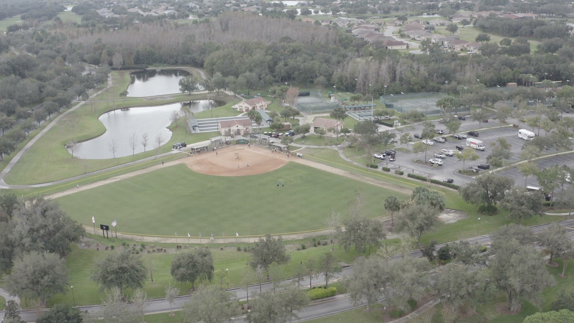 Solivita baseball - Aerial drone shot orbiting around a baseball/softb
